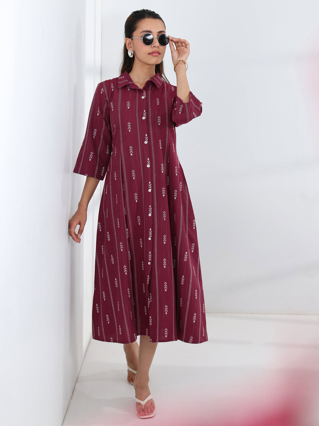 Buy Gerua Maroon Ethnic Motif Woven Design Cotton Blend A-Line One Piece Dress Online in United States at $13.00