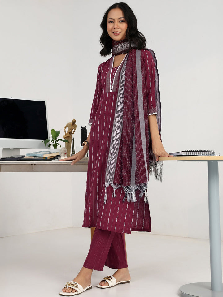 Maroon Ethnic Motif Woven Design Cotton Blend Straight Suit Set With Dupatta