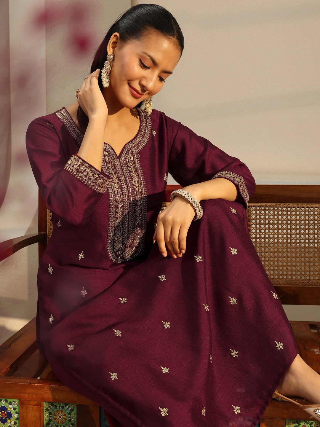 Maroon Ethnic Embroidered Silk Blend Straight Kurta