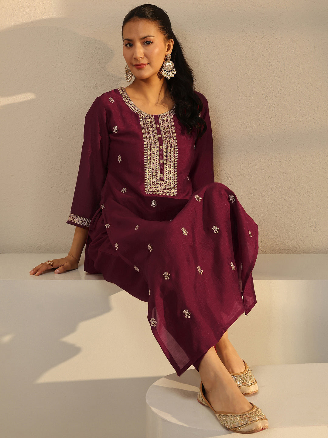 Maroon Ethnic Embroidered Silk Blend Straight Kurta
