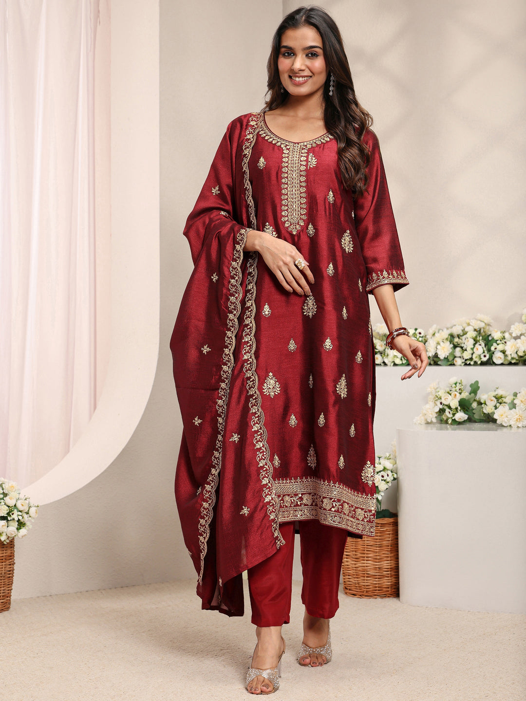 Maroon Ethnic Motifs Embroidered Silk Blend Straight Suit Set With Dupatta
