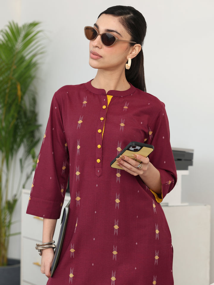 Maroon Ethnic Motifs Woven Design Cotton Blend Straight Kurta Set