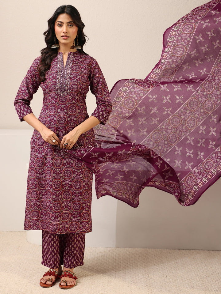 Maroon Ethnic Printed Cotton Blend Straight Suit Set With Dupatta