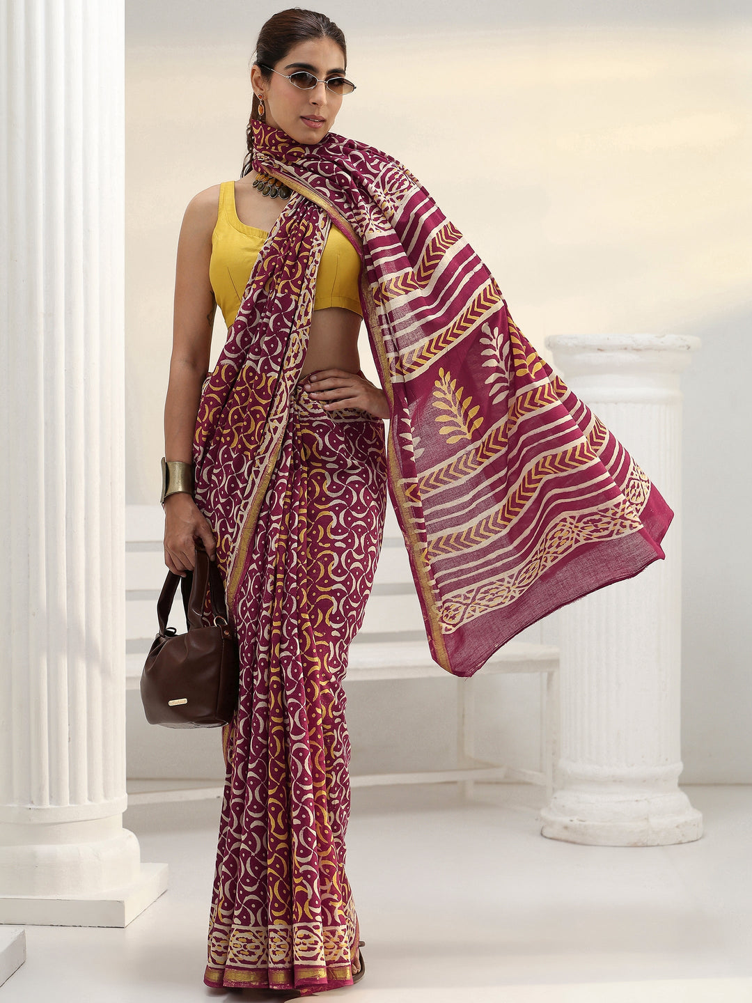 Maroon Ethnic Printed Cotton Saree