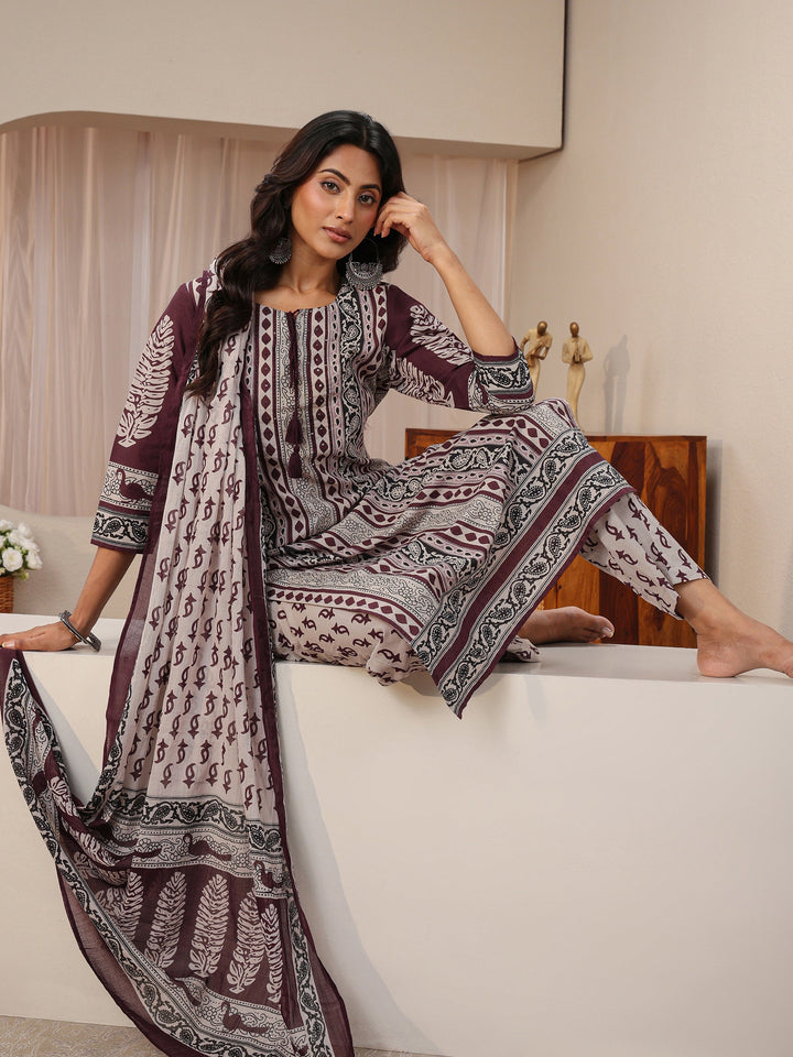 Maroon Ethnic Printed Cotton Straight Suit Set