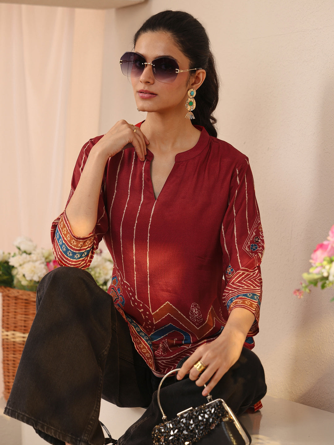Maroon Ethnic Printed Muslin Straight Short Kurti