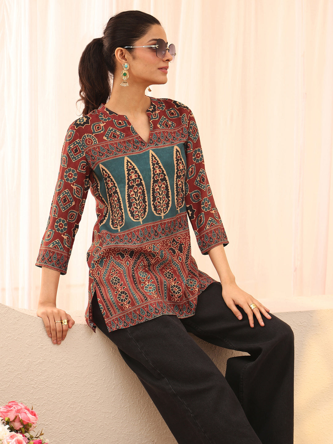 Maroon Ethnic Printed Muslin Straight Short Kurti