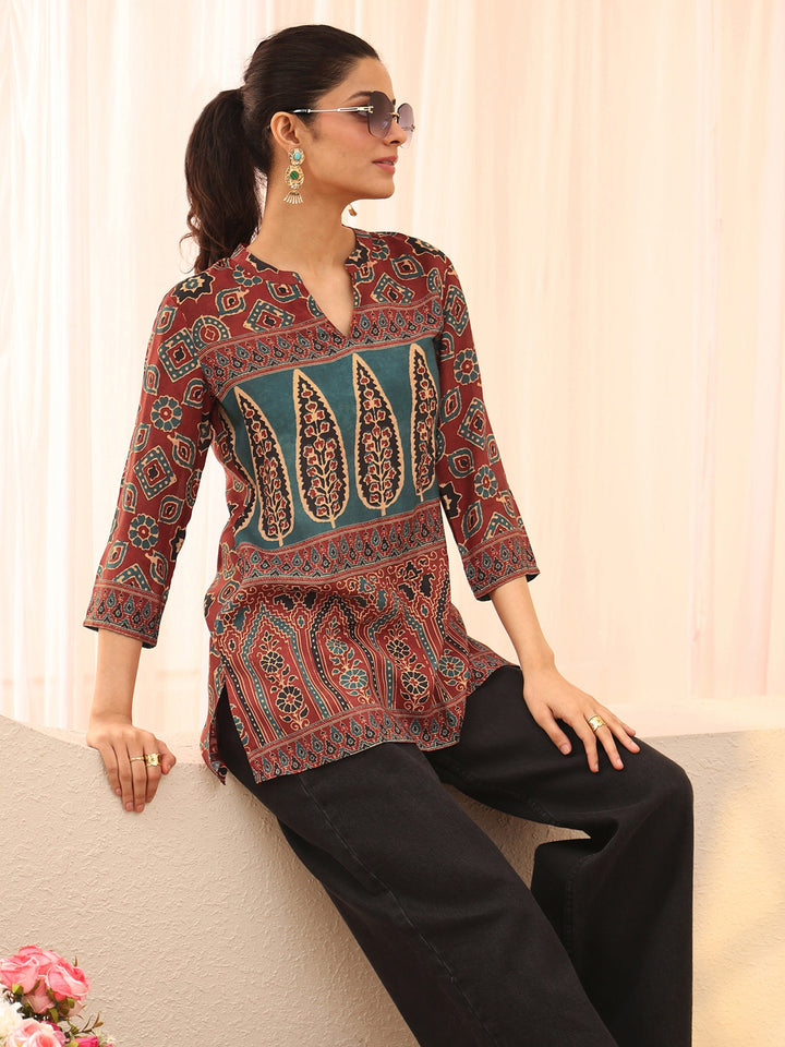 Maroon Ethnic Printed Muslin Straight Short Kurti