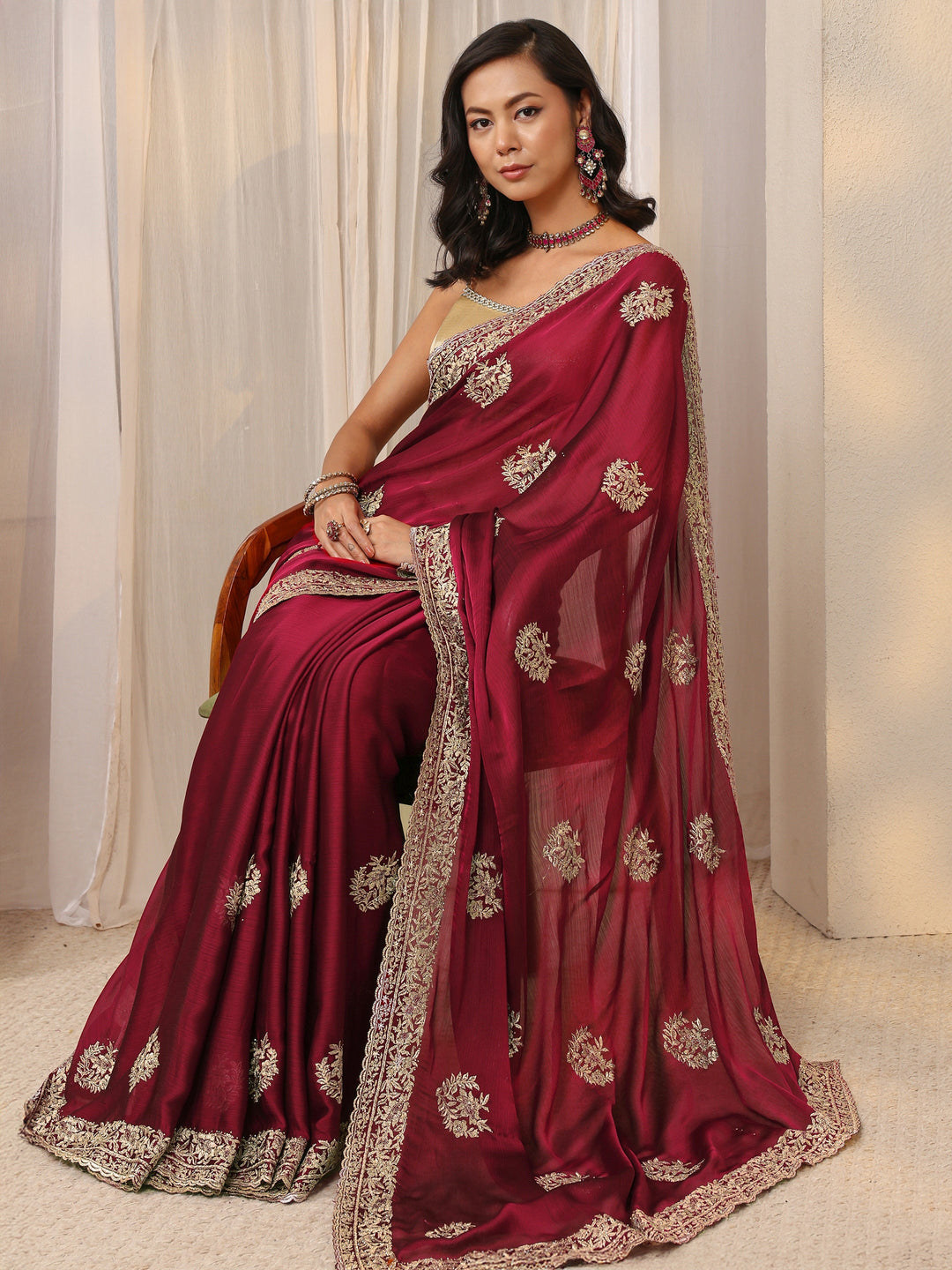 Maroon Floral Embellished Satin Saree With Unstitched Blouse Piece