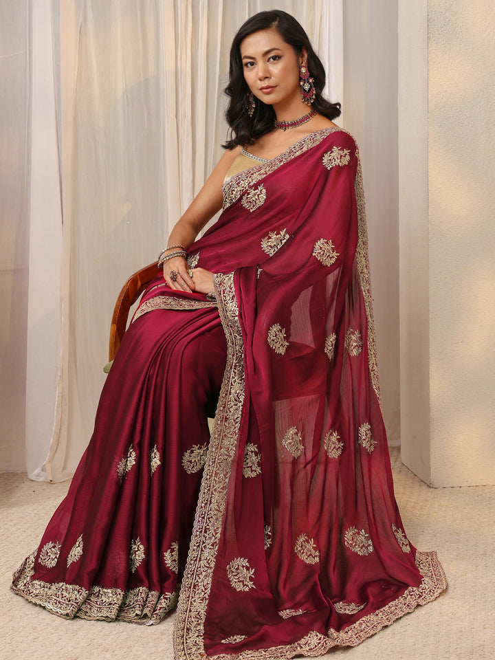 Maroon Floral Embellished Satin Saree With Unstitched Blouse Piece