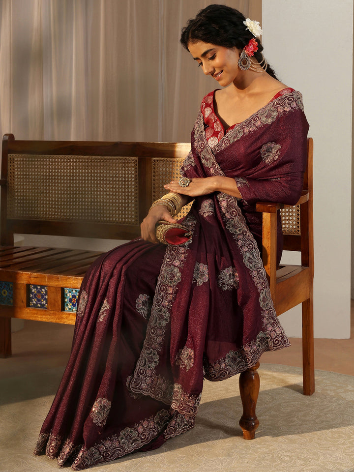 Maroon Floral Embroidered Glossy Chiffon Saree
