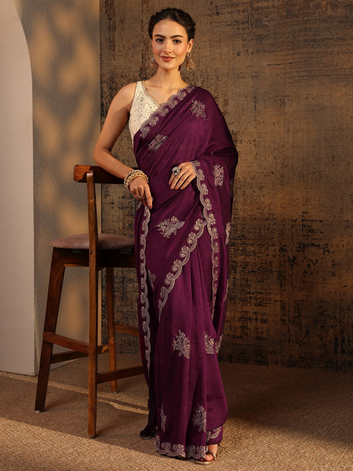 Maroon Floral Embroidered Silk Blend Saree With Unstitched Blouse Piece
