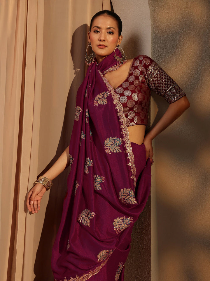 Maroon Floral Embroidered Silk Blend Saree With Unstitched Blouse Piece