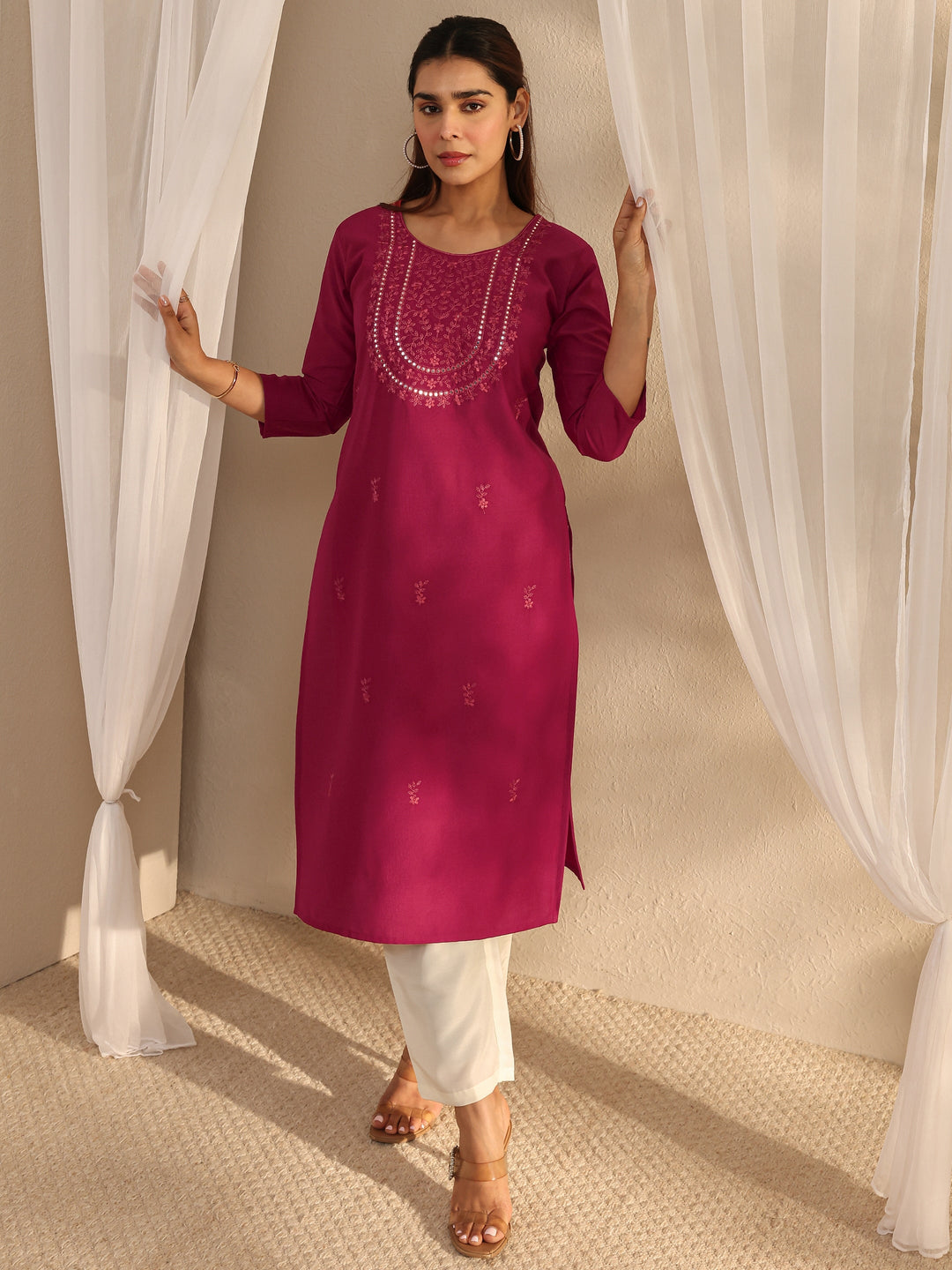 Maroon Floral Embroidered Silk Blend Straight Kurta