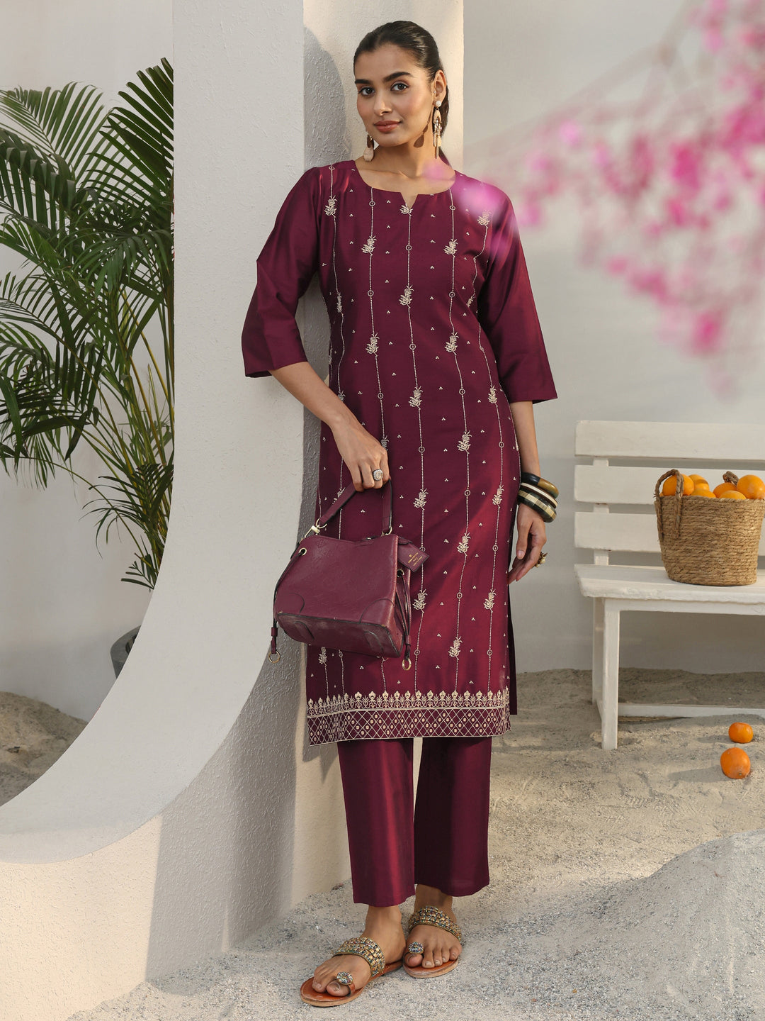 Maroon Floral Embroidered Silk Blend Straight Kurta Set