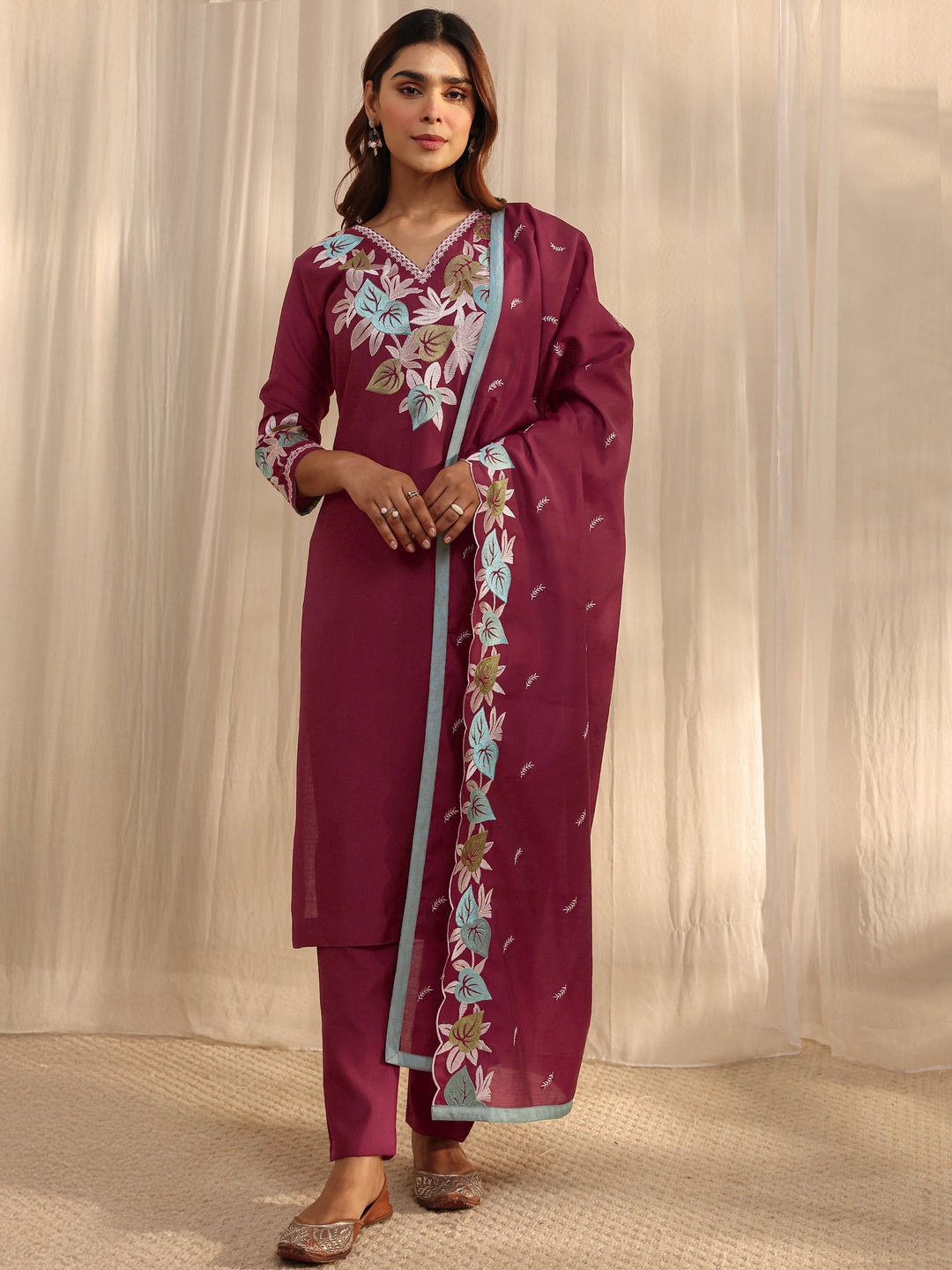 Maroon Floral Embroidered Silk Blend Straight Suit Set With Dupatta