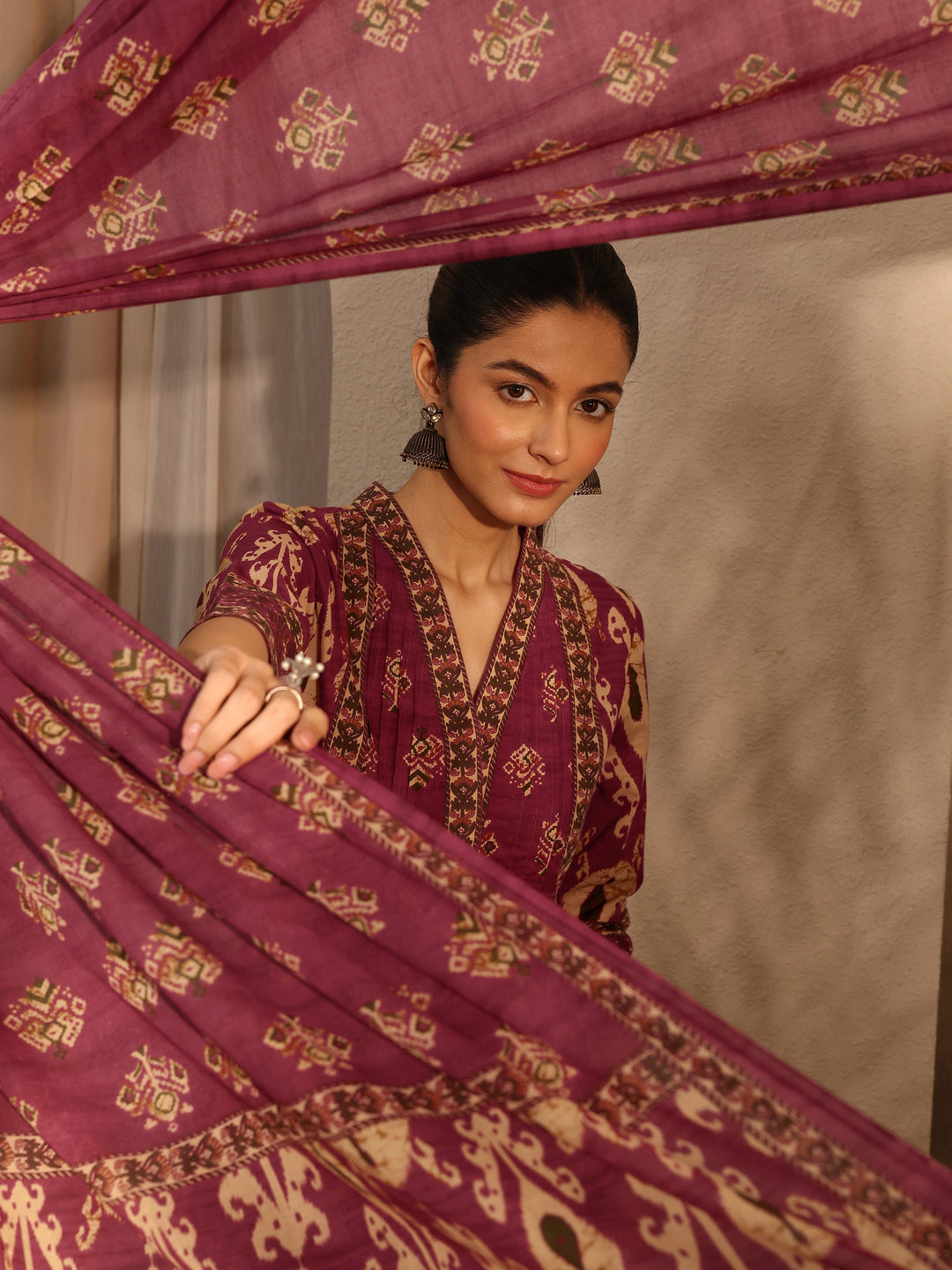 Maroon Floral Printed Cotton Blend A-Line Suit Set With Dupatta