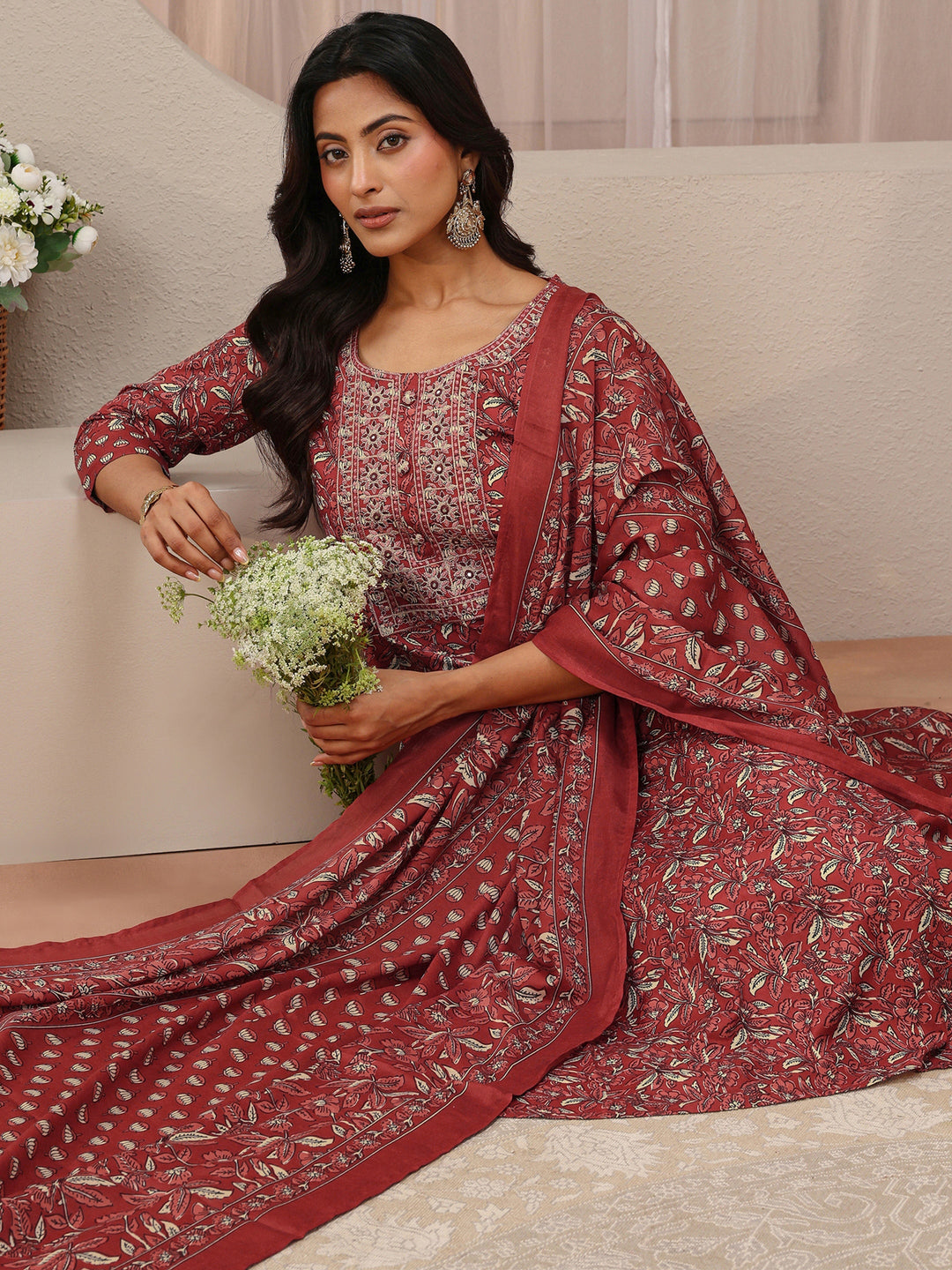 Maroon Floral Printed Cotton Blend Straight Suit Set