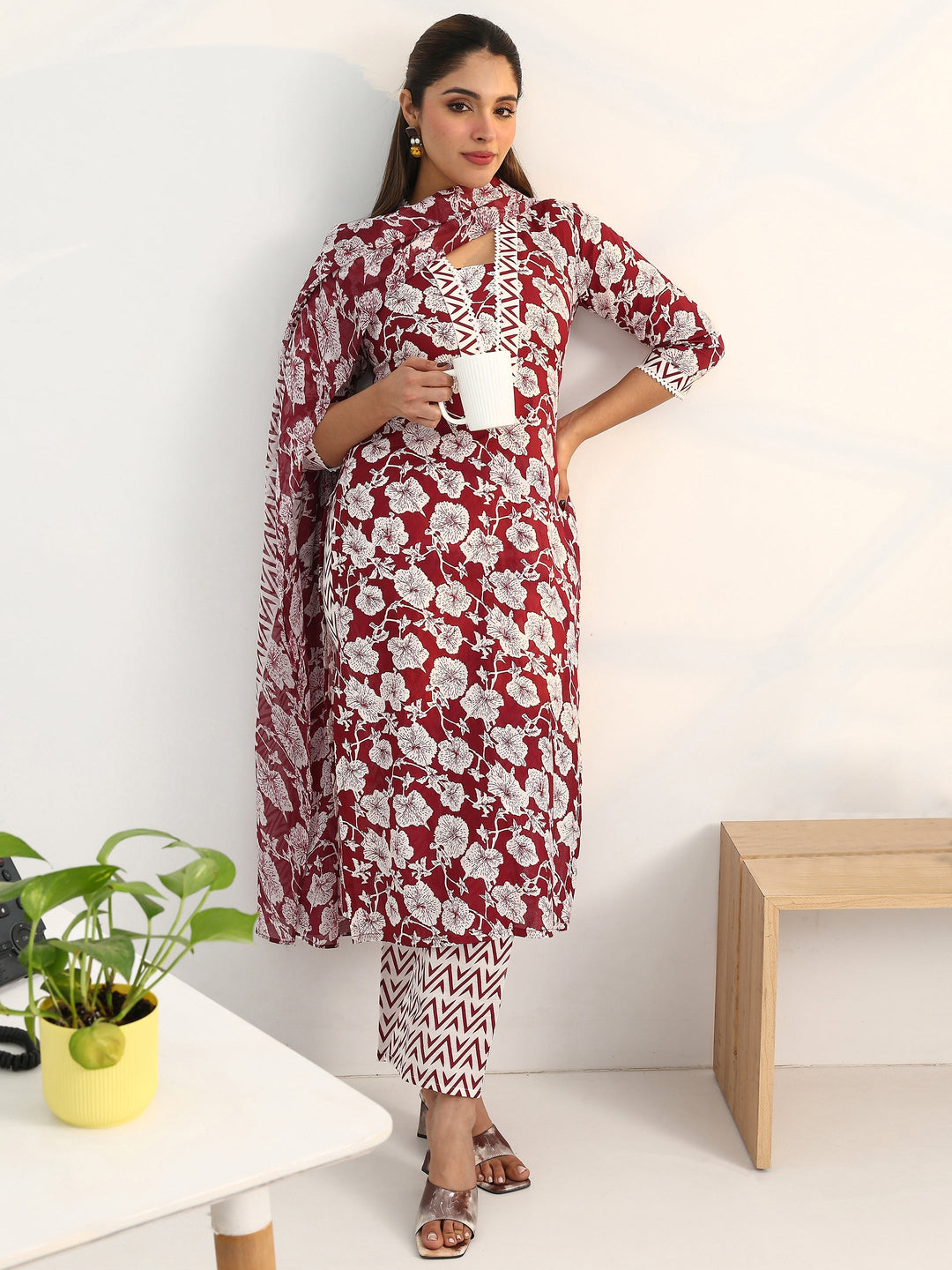 Maroon Floral Printed Cotton Blend Straight Suit Set With Dupatta