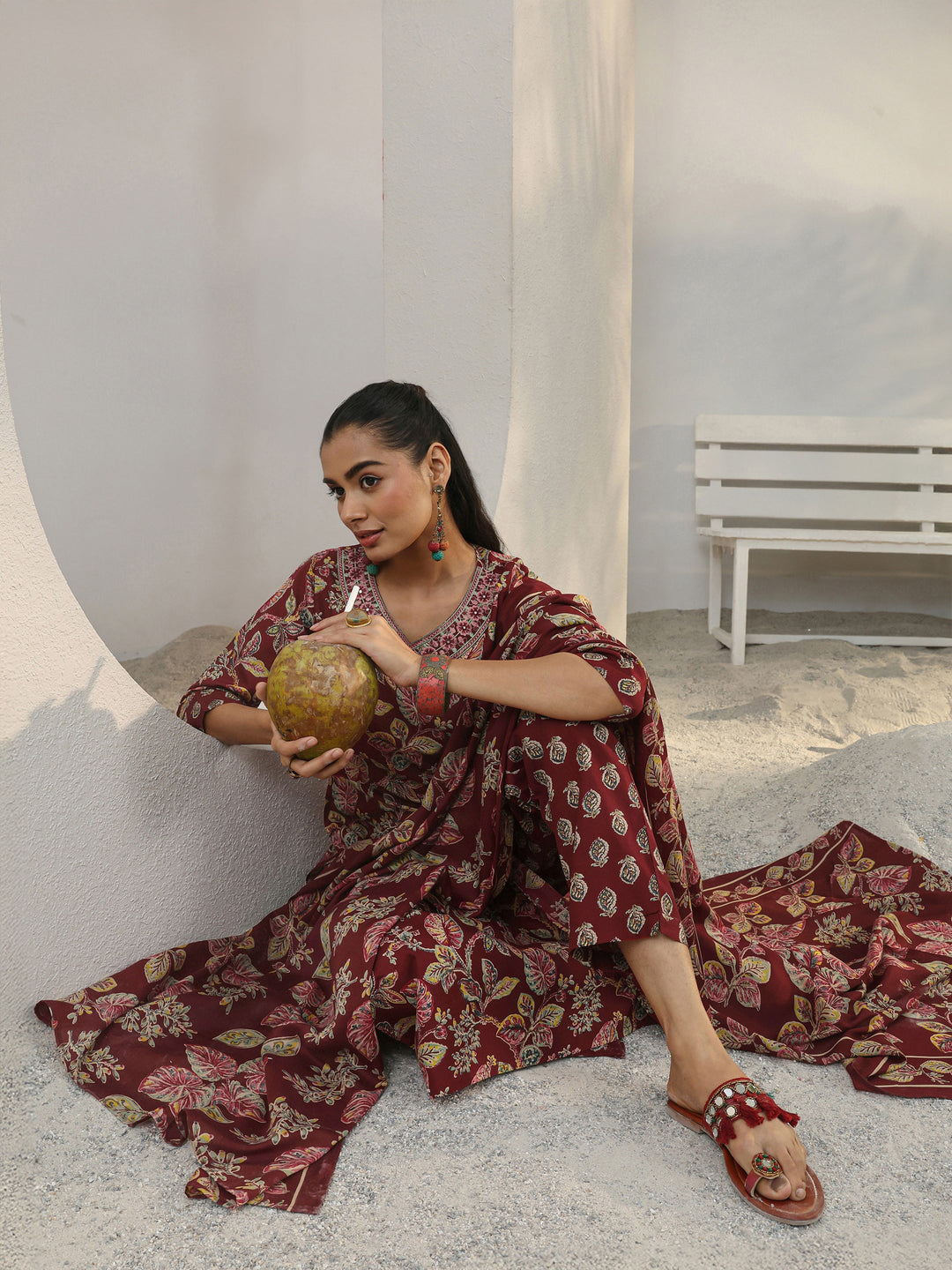 Maroon Floral Printed Cotton Blend Straight Suit Set With Dupatta