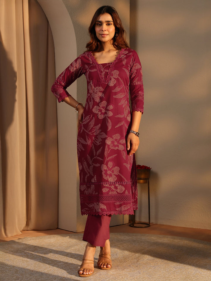 Maroon Floral Printed Cotton Straight Kurta Set