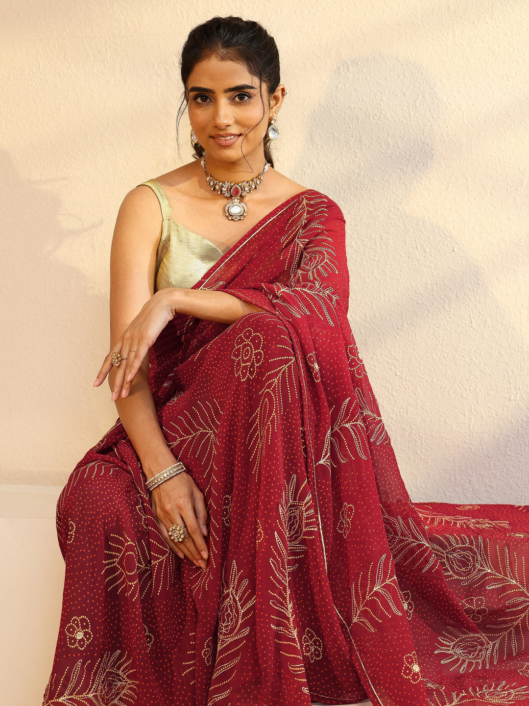 Maroon Floral Printed Georgette Saree