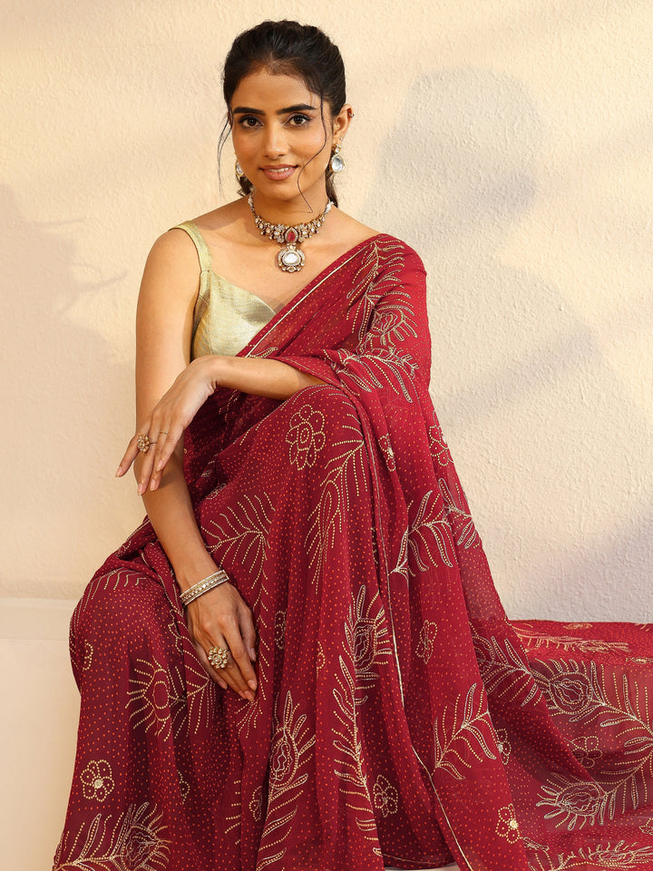 Maroon Floral Printed Georgette Saree