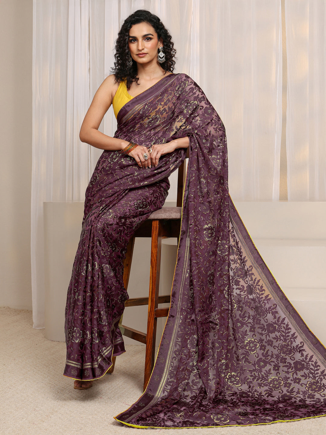 Maroon Floral Printed Silk Blend Saree 
With Unstitched Blouse Piece