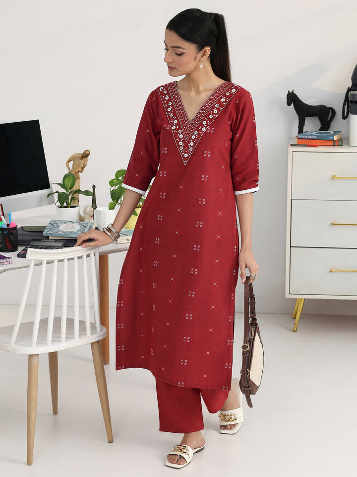 Maroon Geometric Woven Design Cotton Blend Straight Kurta Set