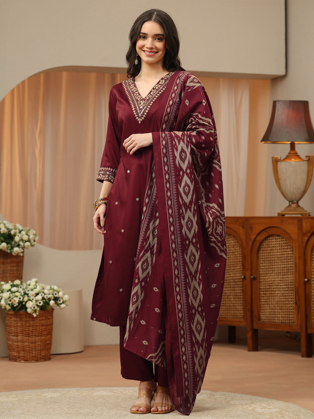 Maroon Gota Embellished Rayon Straight Suit Set