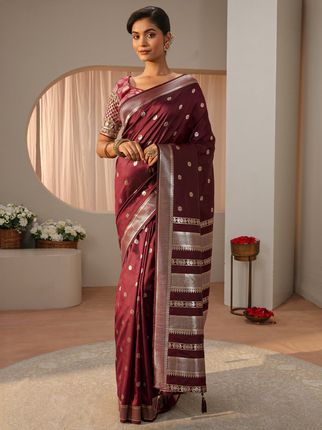 Maroon Kanjeevaram Silk Blend Saree