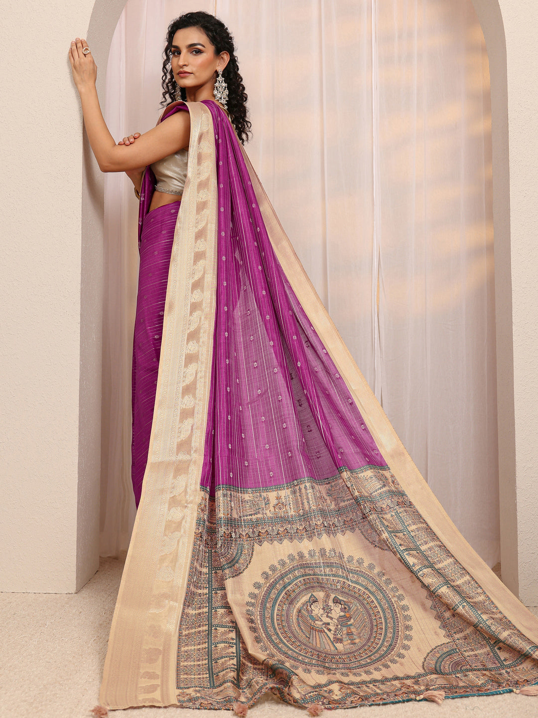 Maroon Madhubani Silk Blend Saree 
With Unstitched Blouse Piece