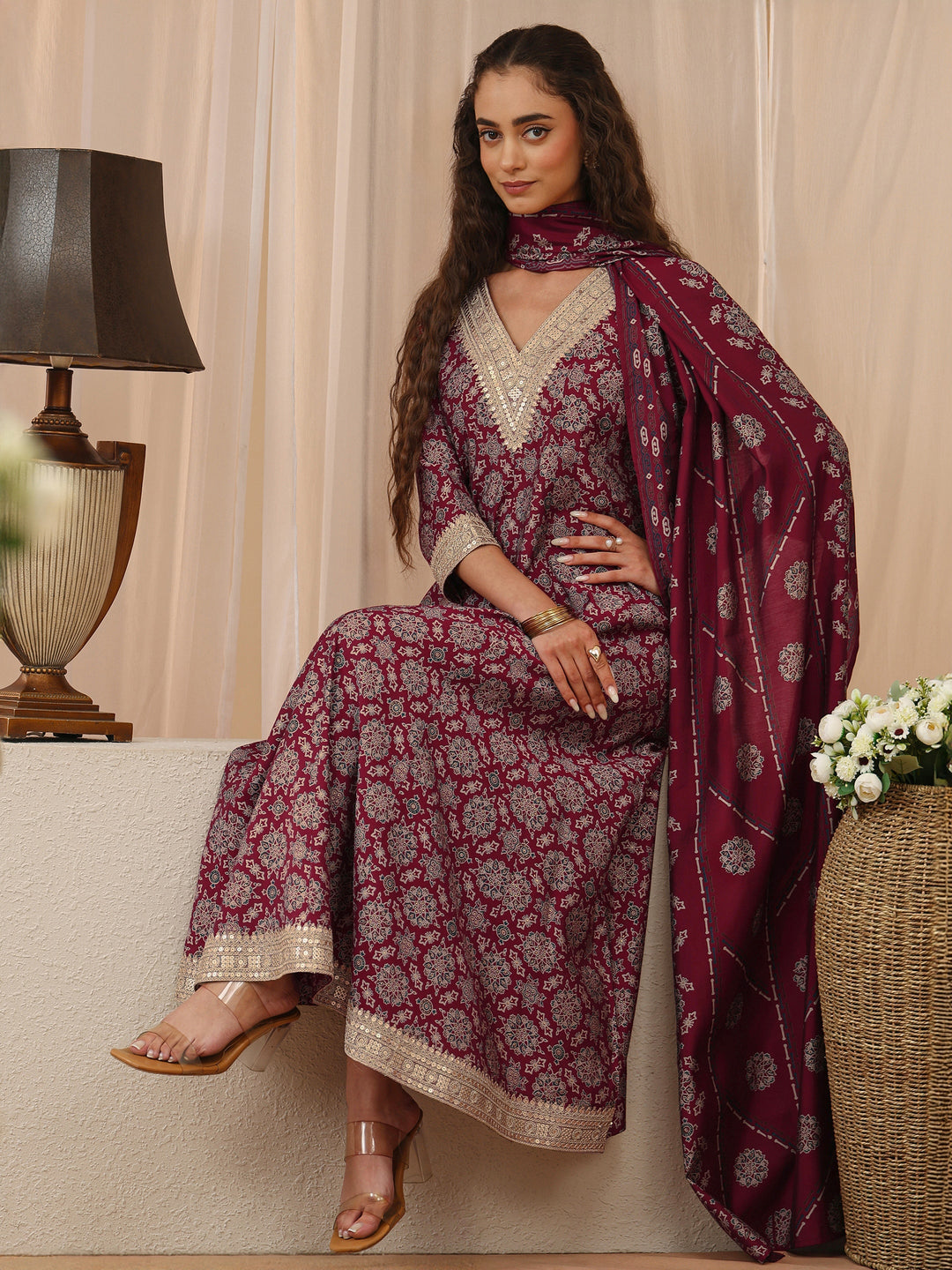 Maroon Mandala Print Silk Blend Anarkali Suit Set
