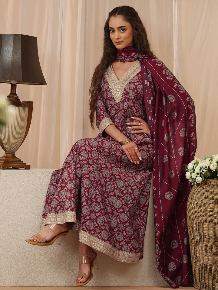 Maroon Mandala Print Silk Blend Anarkali Suit Set