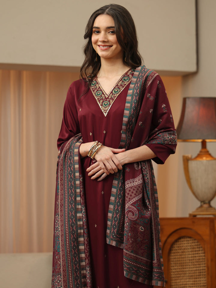 Maroon Neck Embroidered Rayon Straight Suit Set