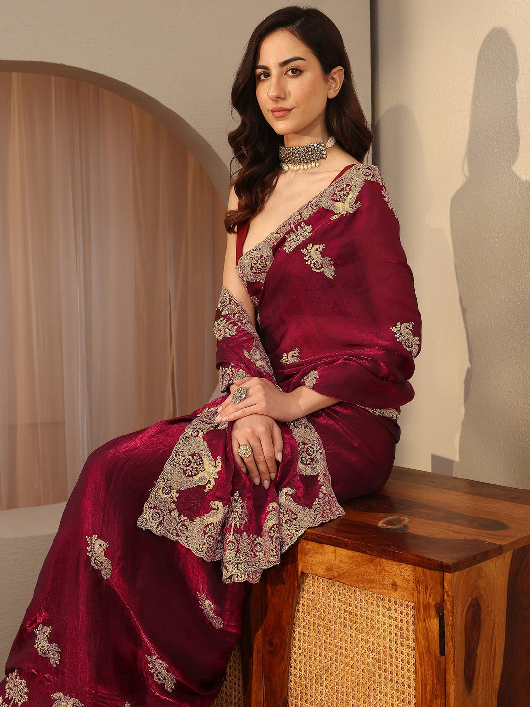 Maroon Peacock Embroidered Tissue Saree