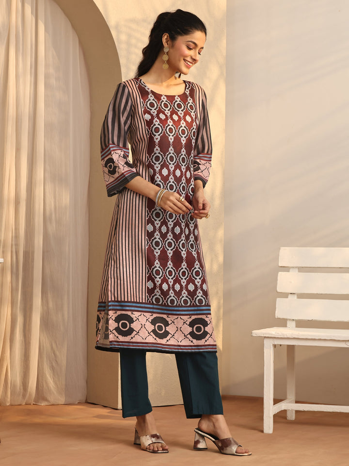 Maroon Printed Cotton Blend Straight Kurta