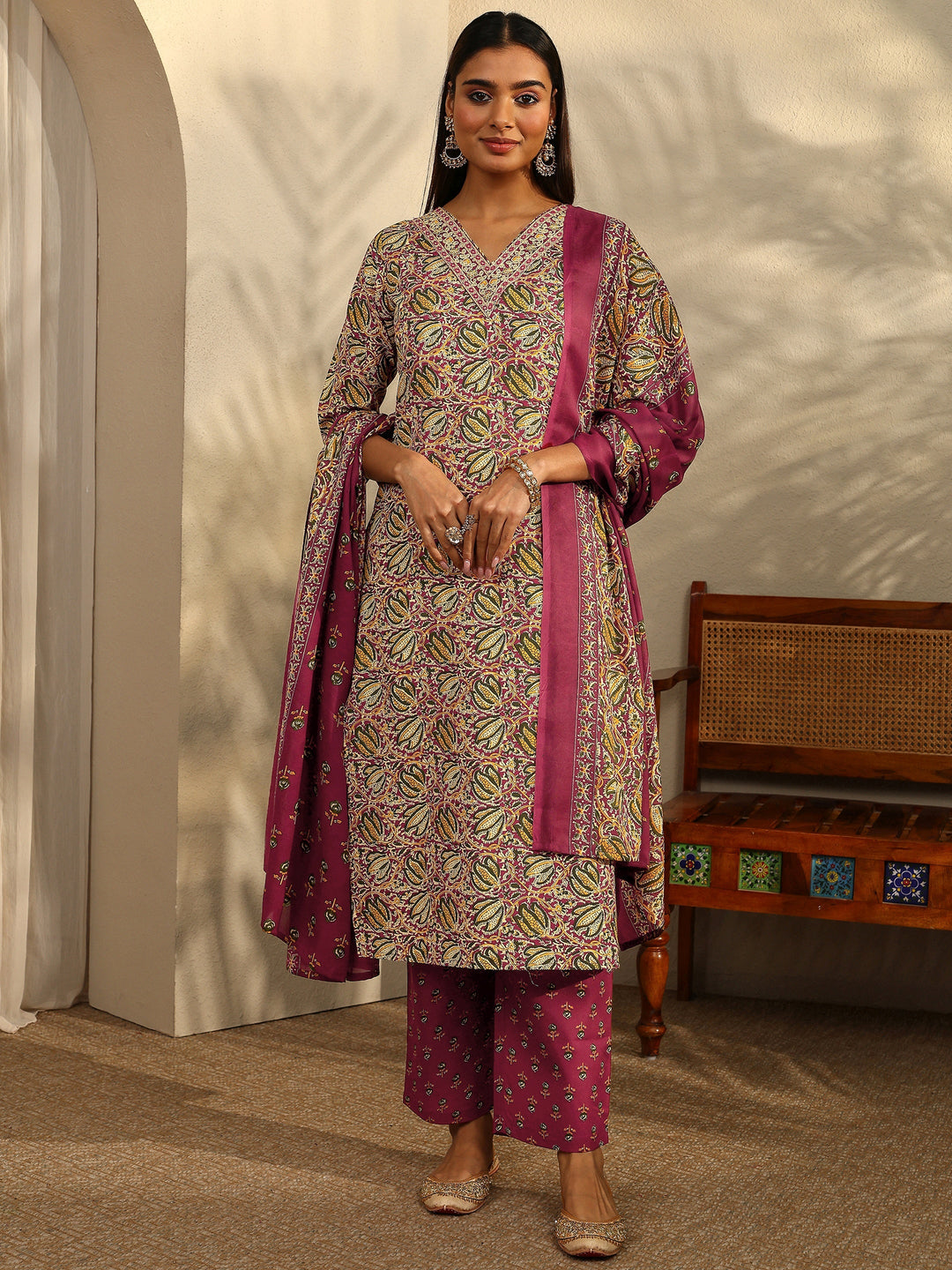 Maroon Printed Cotton Blend Straight Suit Set With Dupatta