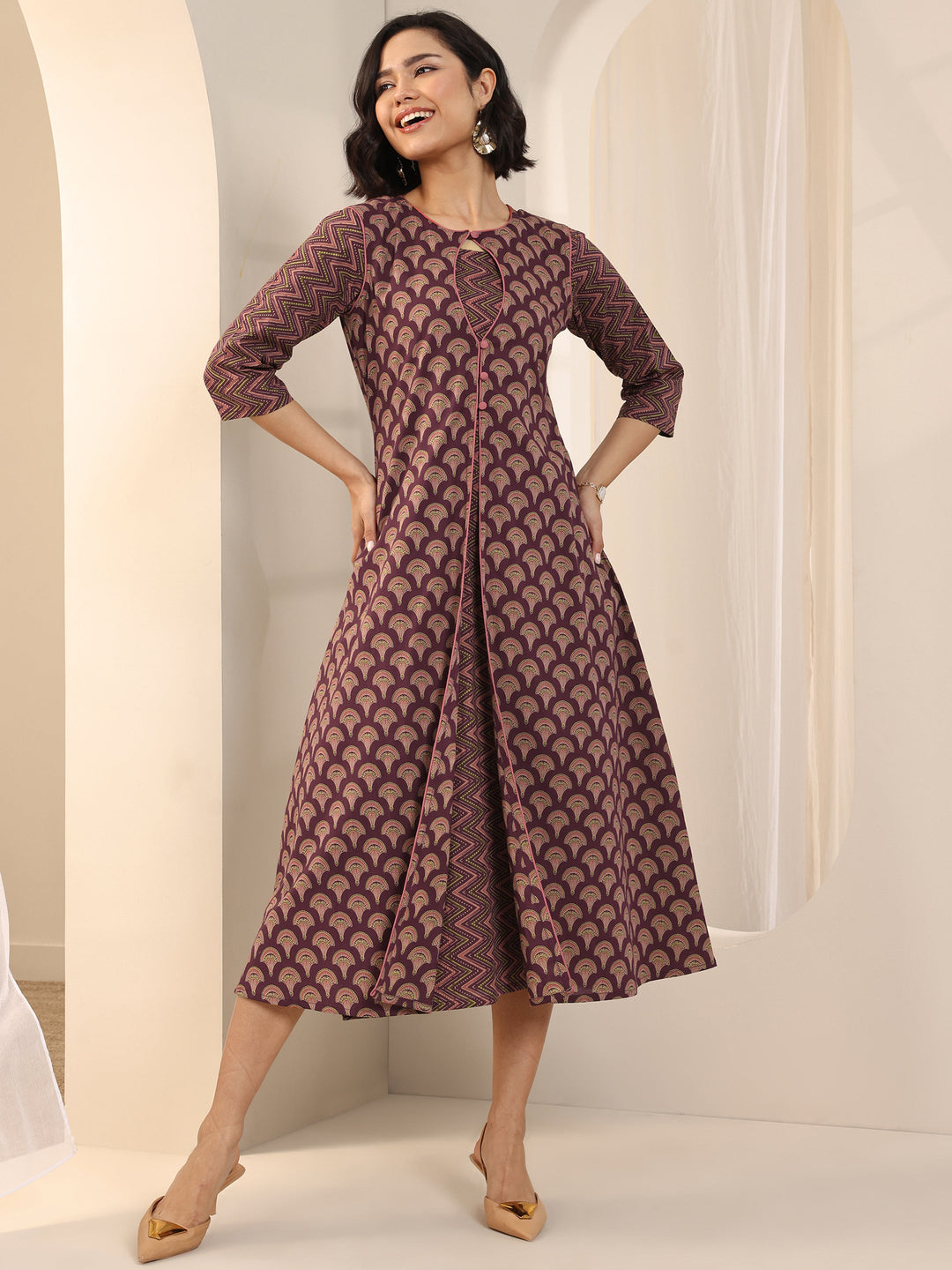 Maroon Printed Cotton Fit and Flare One Piece Dress