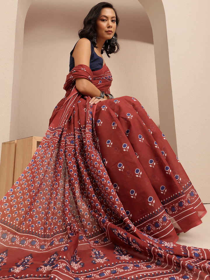 Maroon Printed Cotton Saree With Unstitched Blouse Piece