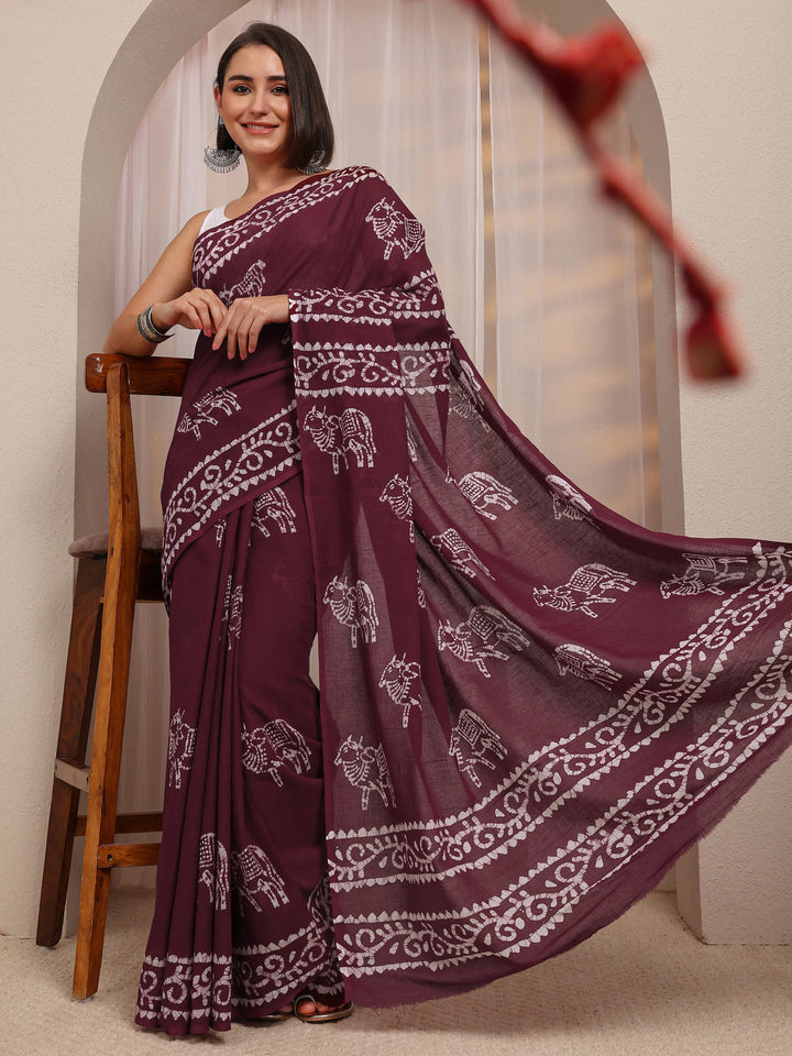 Maroon Printed Cotton Saree 
With Unstitched Blouse Piece