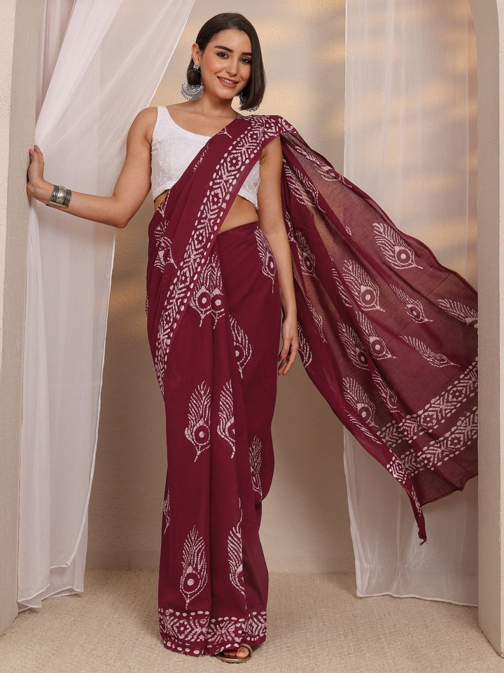 Maroon Printed Cotton Saree 
With Unstitched Blouse Piece
