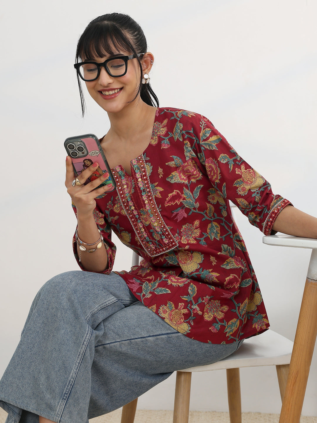 Maroon Printed Cotton Straight Short Kurti