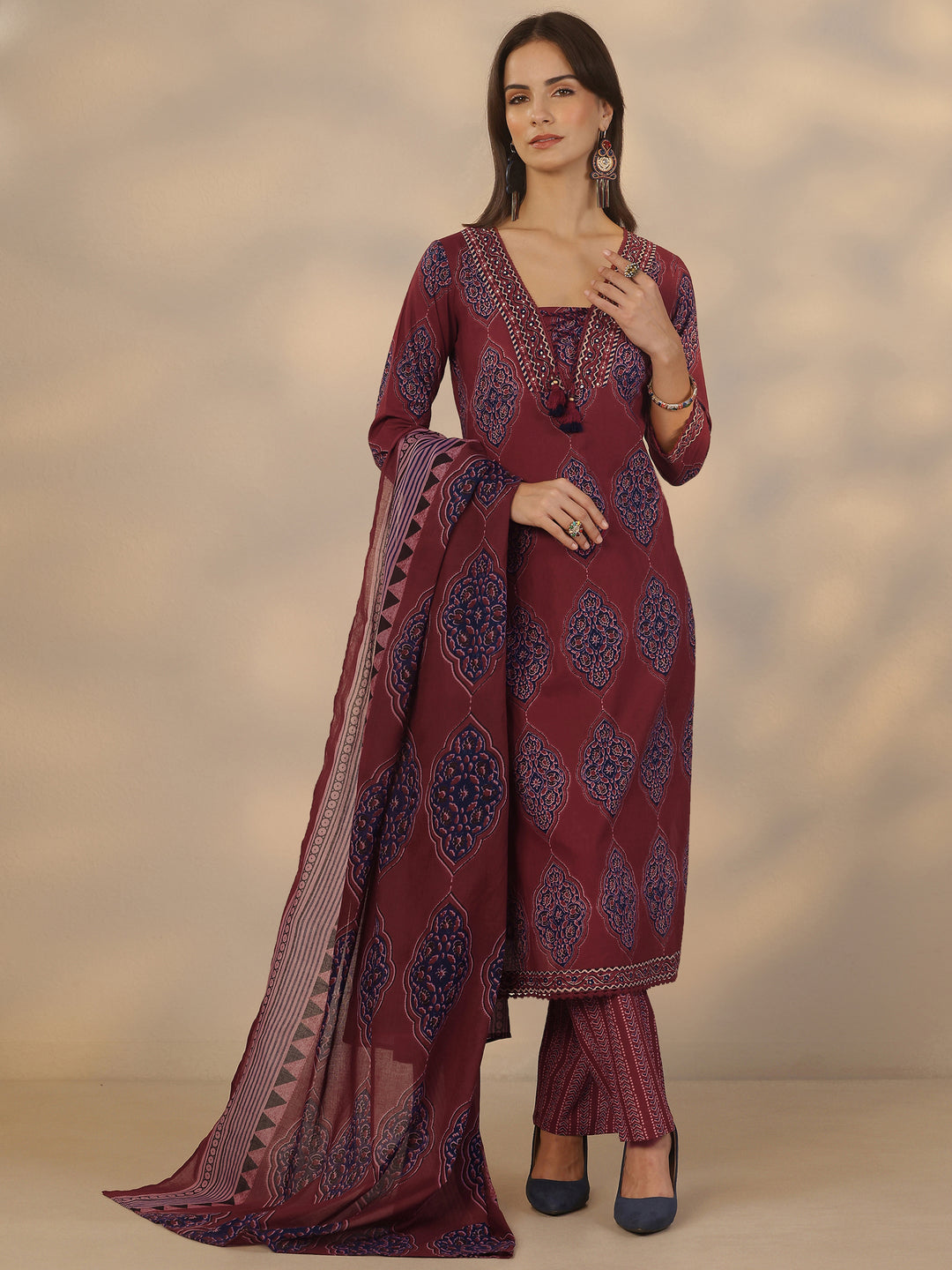 Maroon Printed Cotton Straight Suit Set With Dupatta