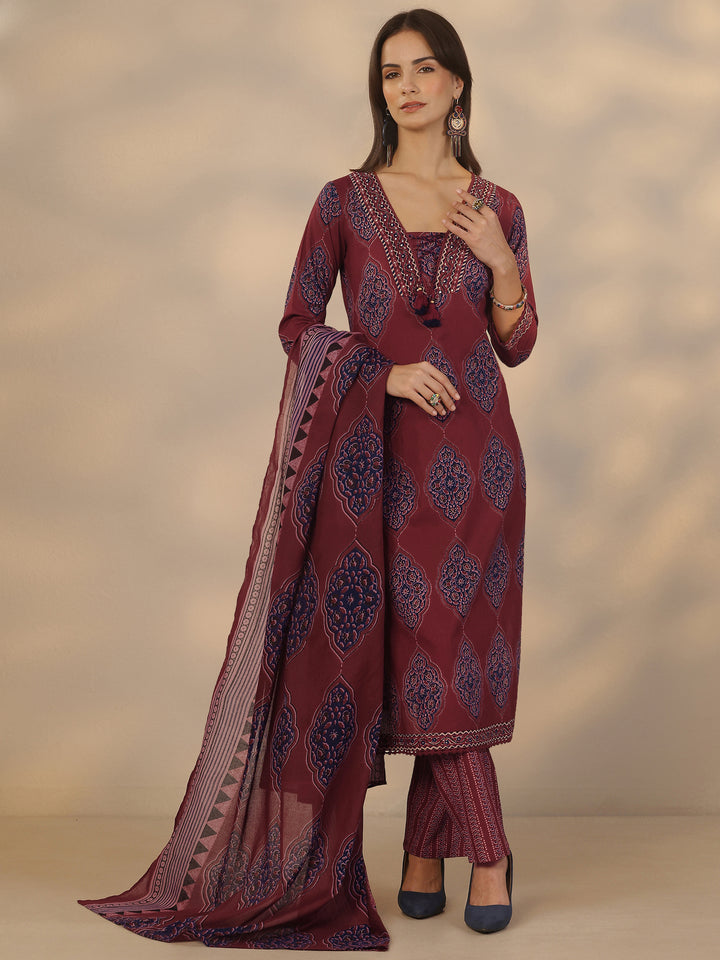 Maroon Printed Cotton Straight Suit Set With Dupatta
