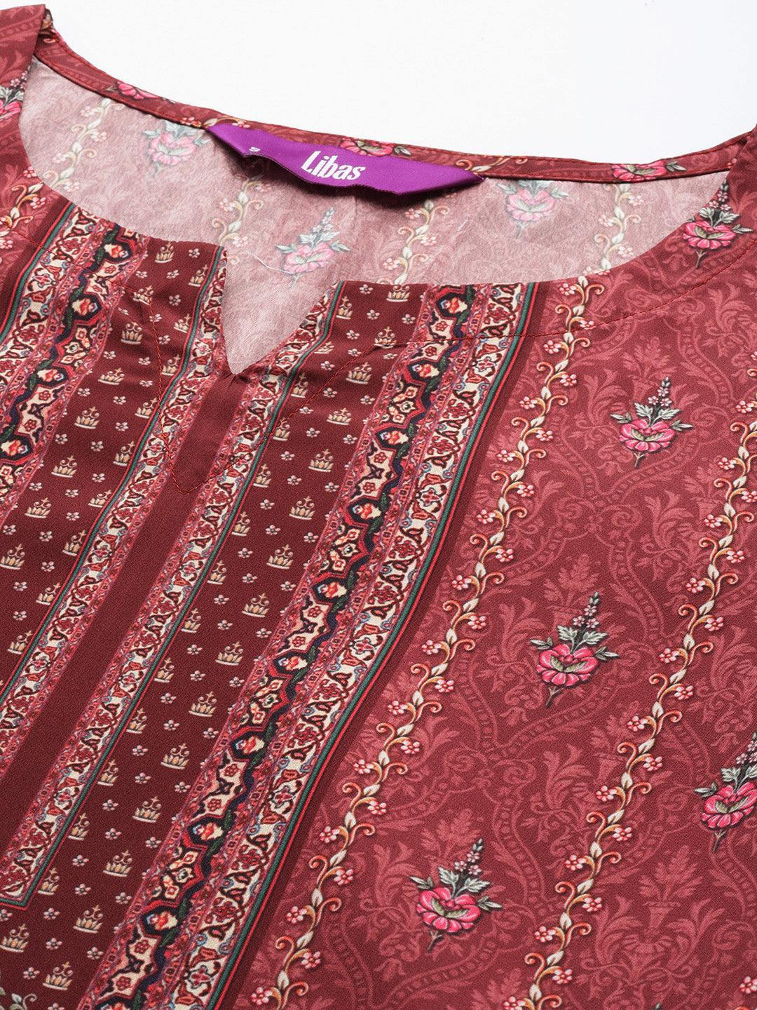 Maroon Printed Crepe Straight Suit Set With Trousers - ShopLibas 