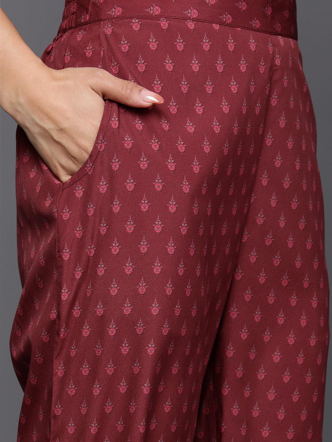 Maroon Printed Crepe Straight Suit Set With Trousers - ShopLibas 