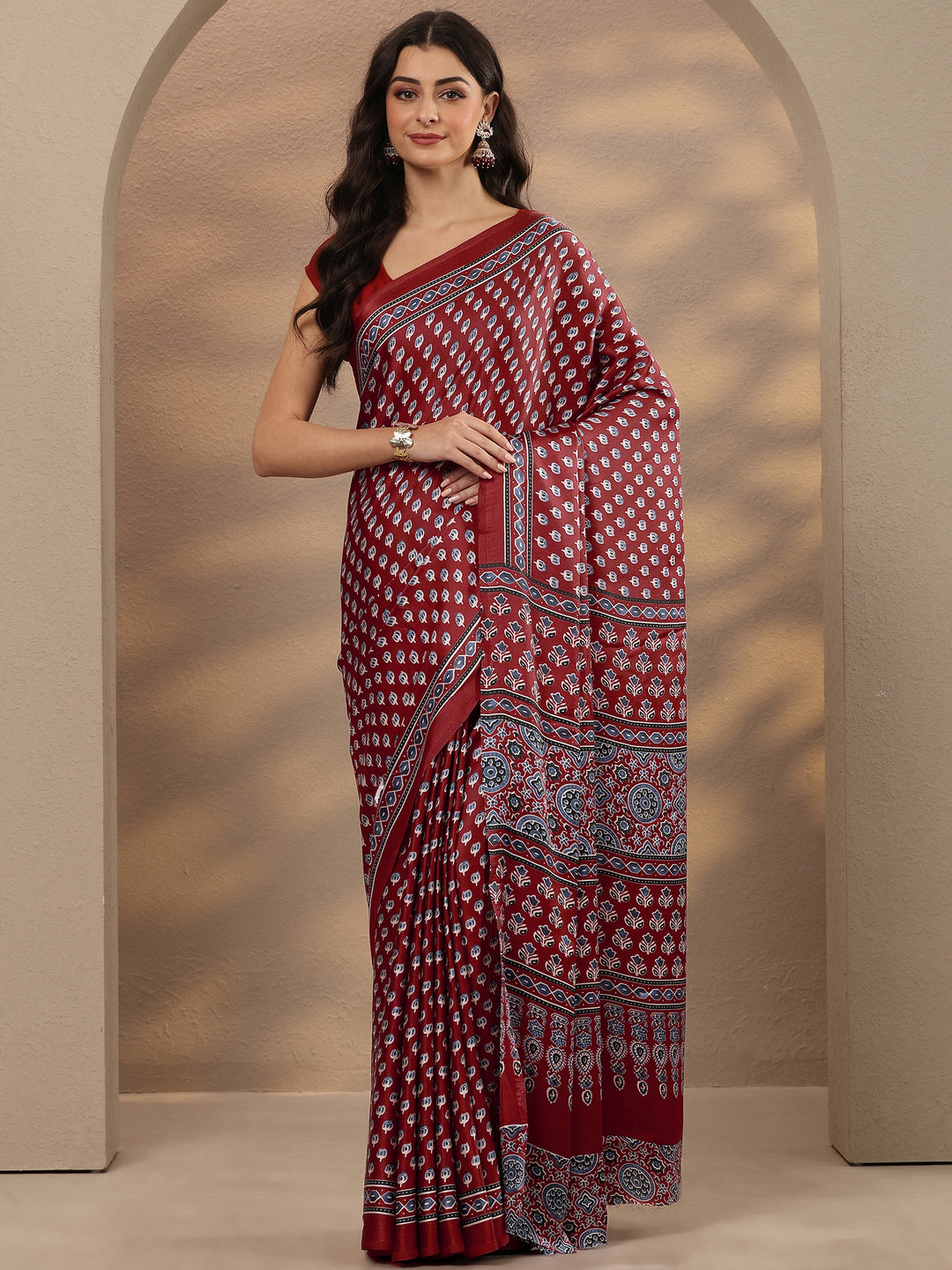 Maroon Printed Satin Saree With Unstitched Blouse Piece