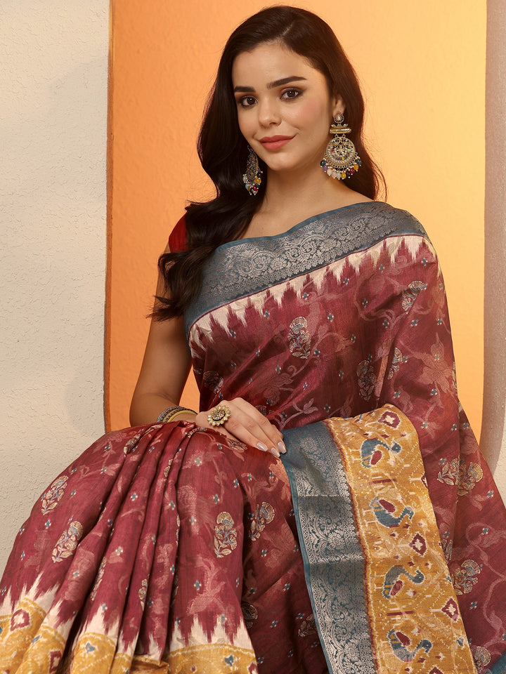 Maroon Printed Silk Blend Saree With Unstitched Blouse Piece