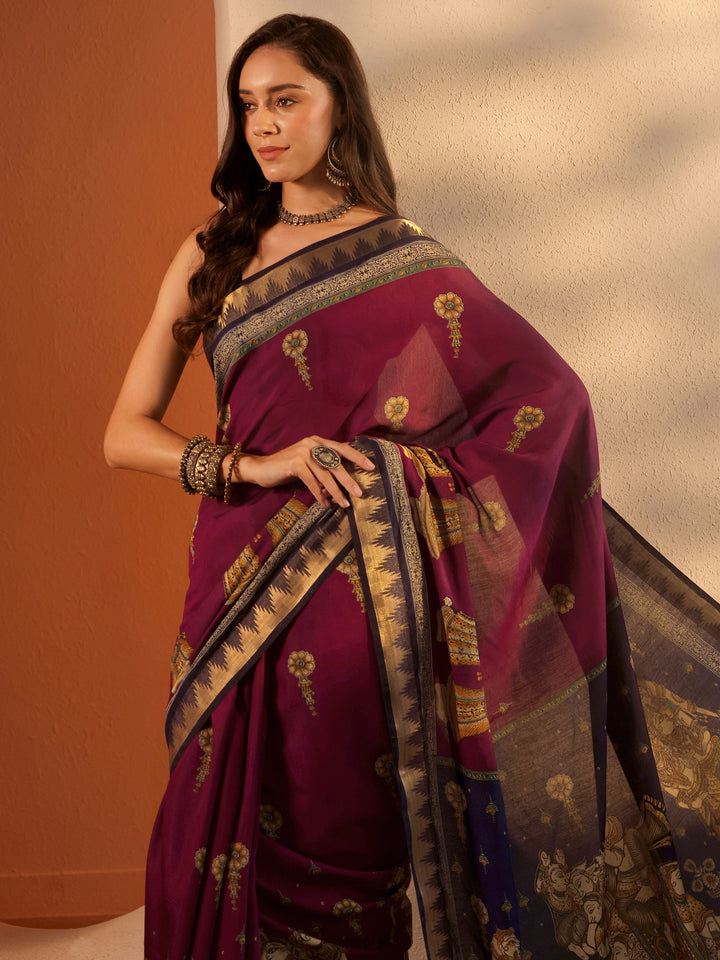 Maroon Printed Silk Blend Saree With Unstitched Blouse Piece
